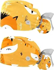 [YTYVAGT] 2-Pc,Nurse Scrub Caps,Scrub Hats with Buttons and Cotton Sweatband,Fox Tree Leaves