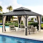 [LUE BONA] 12x12 Hardtop Gazebo, Galvanized Steel Double Roof Permanent Gazebo Pavilion with Aluminum Frame, Outdoor Metal Gazebo Canopy with Nettings and Curtains for Deck, Patio, Backyard
