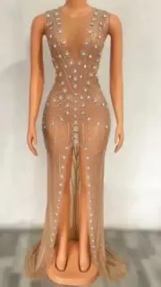 Flashing Silver Rhinestones Transparent LongTrainDress BirthdayCelebrate Costume