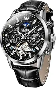 OLEVS Men Skeleton Watch Automatic Designer Luxury Mechanical Wrist Watches Brown Leather Dress Casual Moon Phase Luminous Waterproof