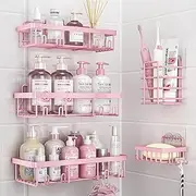 Liuoud 5 Pack Shower Caddy Organizer Rack Shelf for Inside Shower, Adhesive Bathroom Wall Storage Basket Rustproof Stainless Steel Shampoo Holder, Girly Bathroom Accessory Decor Set, Pink