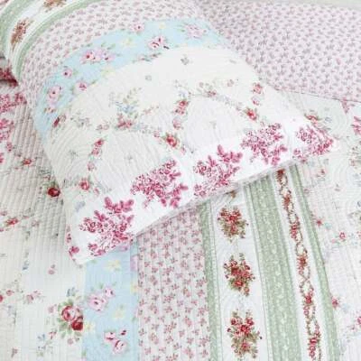 NEW! ~ COZY SHABBY CHIC PINK RED LIGHT BLUE PURPLE GREEN ROSE SOFT QUILT SET
