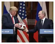 PRESIDENT DONALD TRUMP & VLADIMIR PUTIN GIVING SOCCER BALL FOR BARRON 8X10 PHOTO