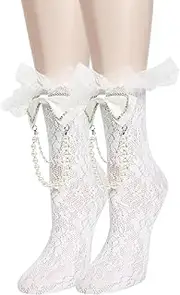 [Generic] Women Fishnet Socks Bow Lace Sparkly Fancy Cute Glitter Bow Decorated Hallow Out Socks