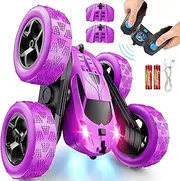 [QUNREDA] RC Cars, Purple Remote Control Car for Girls, 2.4 GHZ Double Sided RC Stunt Car 360° Rotating Remote Control Crawler with Headlights Car Toys for 6 7 8 9 10 11 12 Girls