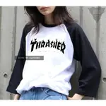 【 GEOMETRY】THRASHER 日線 FLAME RAGLAN 火焰 LOGO 白底 黑袖 七分袖 七分 日本