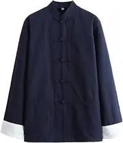 [NTWSHS] Chinese Clothing Kung Fu Jacket Clothing - Men Tang Suit Cotton and Linen Tai Chi Uniform Long Sleeved Coat Tops Qi Gong Martial Arts(Blue,Medium)