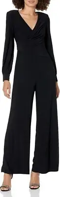 Adrianna Papell Crepe Knit Long-Sleeve Jumpsuit IN BLACK WOMENS SIZE 10 NEW
