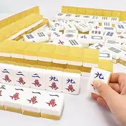 Chinese Mahjong Game Set, Golden Mahjong Tiles, 144PCS Mahjong Tile Set/3PCS Dice/Table Mat/Aluminum Box, Acrylic Material Feels Comfortable to Hold, for Travel Party Family Game,42mm