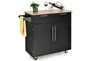 Giantex Kitchen Island Trolley Serving Cart Rolling Storage Cabinet w/Rubber Wood Top/Towel Rack/Drawer, Black