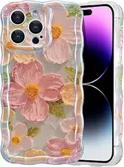 EYZUTAK Case for iPhone 12 Pro Max, Colorful Retro Oil Painting Printed Flower Laser Glossy Pattern Cute Curly Wave Edge Exquisite Phone Cover Stylish Durable TPU Protective Case for Girls Women-Green