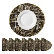 Seaweed Shaped Placemats Set of 8 Round Vinyl Pressed Placemats, Gold/Black