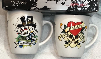 2pc Ed Hardy / Rogue Monk Porcelain Coffee Mugs " Tattoo Flash Cup " Set NIB