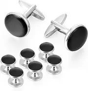 [HJZHII] 8PCS Mens Cufflinks and Studs Set, Classic Black Silver Tuxedo Studs Set Classic Black Silver Tuxedo Shirt Studs Brass Cuff Links and Shirt Studs for Wedding Business Banquet Ceremony
