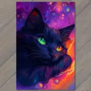 POSTCARD Black Cat Green Eyes Lying on Colorful Psychedelic Kitty Halloween