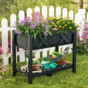 CostwayPoly Wood Raised Garden Bed with Storage Shelf and Drainage Holes-Black