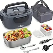 80W Electric Lunch Box for Adults, 1.5L Portable Food Warmer with 12V/24V/110V/240V, Includes Stainless Steel Container, Fork & Spoon & Insulated Bag - Ideal for Car/Truck/Office/Home (Grey)