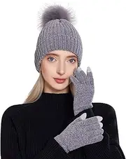 [MAMUNU] Winter Warm Beanie Hat Gloves Set, Winter Knit Hat and Touch Screen Gloves Set, Chenille Wool Hat Gloves for Women