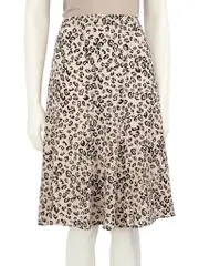 Beige Silk Leopard Print Midi Skirt