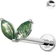 [Jewseen] 925 Sterling Silver Cartilage Earring Water Grass Agate Tragus Helix Conch Piercing Jewelry Moss Agate Lip Labret Ring Internally Threaded Stud Earring for Women Men