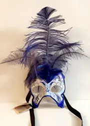 Rare 2013 Royal Blue Feather Silver Venetian Masquerade Mardi Gras Mask Signed