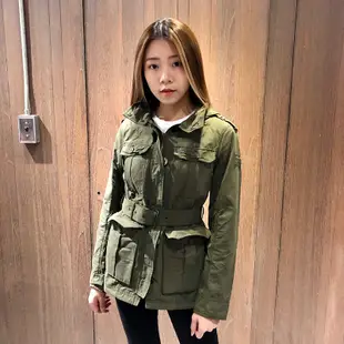 美國百分百【Abercrombie & Fitch】連帽外套 AF 夾克 麋鹿 騎士 大衣風衣 軍綠 女 S號 AB46