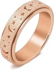 [DURSI] Women’s Moon and Star Spinner Fidget Rotate Ring for Anxiety Stainless Steel Worry Rotating Ring Toy (Rose Gold, Size 6)