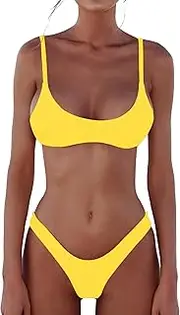 [DaiLiWei] Womens 2 Piece Brazilian Thong Bikini Sets High Cut Swimsuits Padded Scoop Neck Push Up Top Bathing Suits Cheeky Swimwear, Bikini Set