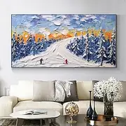 Handmade Oil Painting Canvas Wall Art Decoration Modern Abstract Sports Skiing Pine Forest Landscape for Living Room Home Decor Stretched Frame Hanging Paintin