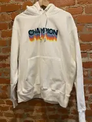 Champion Mens Reverse Weave WHITE Pullover Logo Hoodie POCKET Sweatshirt. Size L