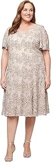 [Alex Evenings] Women's V-Neck Midi Stretch Lace & Sequin Formal Dress with Cold Shoulder Flutter Sleeves (Plus Size)