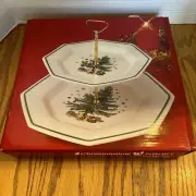 NIKKO CHRISTMASTIME 2-Tier Tidbit Serving Tray Octagonal Christmas Tree NEW