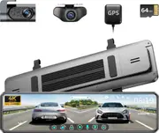AZDOME 12" Mirror Dash Cam with 4K Detached Front Camera, Rear View Mirror Camera with Sony IMX335, WDR Night Vision, GPS, IPS Full Touch Split Screen, Free 64GB Card, Parking Assistance PG18S