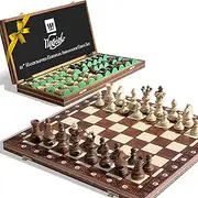 Wegiel Handmade European Ambassador Chess Set - Wooden 21 Inch Beech & Birch Board with Felt Base - Carved Hornbeam & Sycamore Wood Chess Pieces - Compartment Inside The Board to Store Each Piece