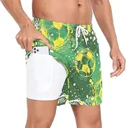 [GuoChe] Swim Trunks for Men Men's Double Layer Running Shorts Green Soccer Yellow Footballs with Phone Pocket Beach Bathing