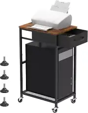Computer Tower Stand PC Tower Stand with Storage Drawer 2 Tier Wood Rolling CPU