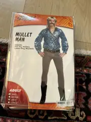 NWT Spirit Mullet Man costumeShirt, wig ,necklace eyebrowring, Mustache, adult L
