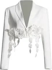 [Zadaos] Women Blazer V Neck 3D Flowers Stitched Long Sleeve Short Blazer Coat Ladies Slim Suit Jacket