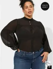Torrid Blouse Women's 2X Black Chiffon Button Up Bishop Sleeve Blouse $55 NEW