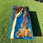 48"x24" Blue Wave Epoxy Resin Dining Table Top Natural Acacia Wooden Home Decors