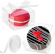 Jutieuo 100pcs Clear Single Chocolate Covered Cookies Macaron Box for Wedding Favors Baby Shower 2.17"×2.17"×1.38" Inch, Party Favor Box with Ribbons for Candy Chocolate Mooncake