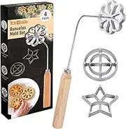 Tortillada – 4 Piece Set Bunuelos Mold with Wood Handle Rosette Maker Rosette Cookie Bunuelos Tool Aluminum Cast Waffle Molds Set with 3 Molds (Star Flower Circle) for Kitchen Baking Cooking