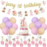 JOYMEMO Fairy 1st Birthday Party Decorations - Fairy 1st Birthday Banner Cake Topper, Fairies Garland Cupcake Toppers, Fairy First Birthday Party Supplies for One Year Old Girl Birthday