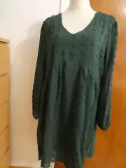 KIRUNDO Women’s Green long Sleeves Mini V Neck Flowy Swiss DOT Babydoll Dress XL