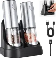 Electric Salt and Pepper Grinder Set — Automatic Rechargeable Silver