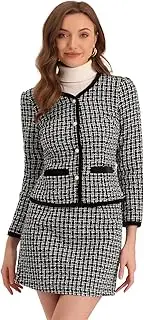 [Allegra K] Suit Set for Women's 2 Piece Outfits Plaid Tweed Short Blazer Jacket and Skirt Sets