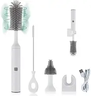 WHNL Rechargeable Electric Bottle Brush Cleaner Set with 3 Piece Silicone Baby Bottle Brush Cleaner and Straw Cleaner Brush,BPA Free,Waterproof,Perfect Baby Registry Gift,White