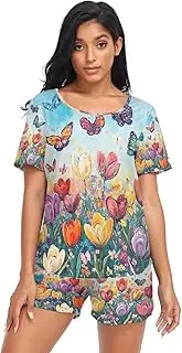 [RPLIFE] Butterflies Tulips Pajamas for Women Set Shorts, Matching Womens Pajama Sets, Butterflies Tulips, Medium