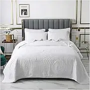 3 Piece Cotton Embroidery Coverlet Bedspread Set Full/Queen King Size Bed Cover All-Season Bedding (1 Quilt, 2 Pillowcase)(White,240x260cm+50x70cm x2)