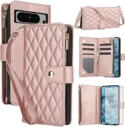 [Asuwish] Phone Case for Google Pixel 8 Pro 5G with Tempered Glass Screen Protector and Zipper Wallet Cover Card Holder Slot Stand Flip Cell Accessories Pixel8Pro Pixel8 XL Eight 8Pro Women Rose Gold